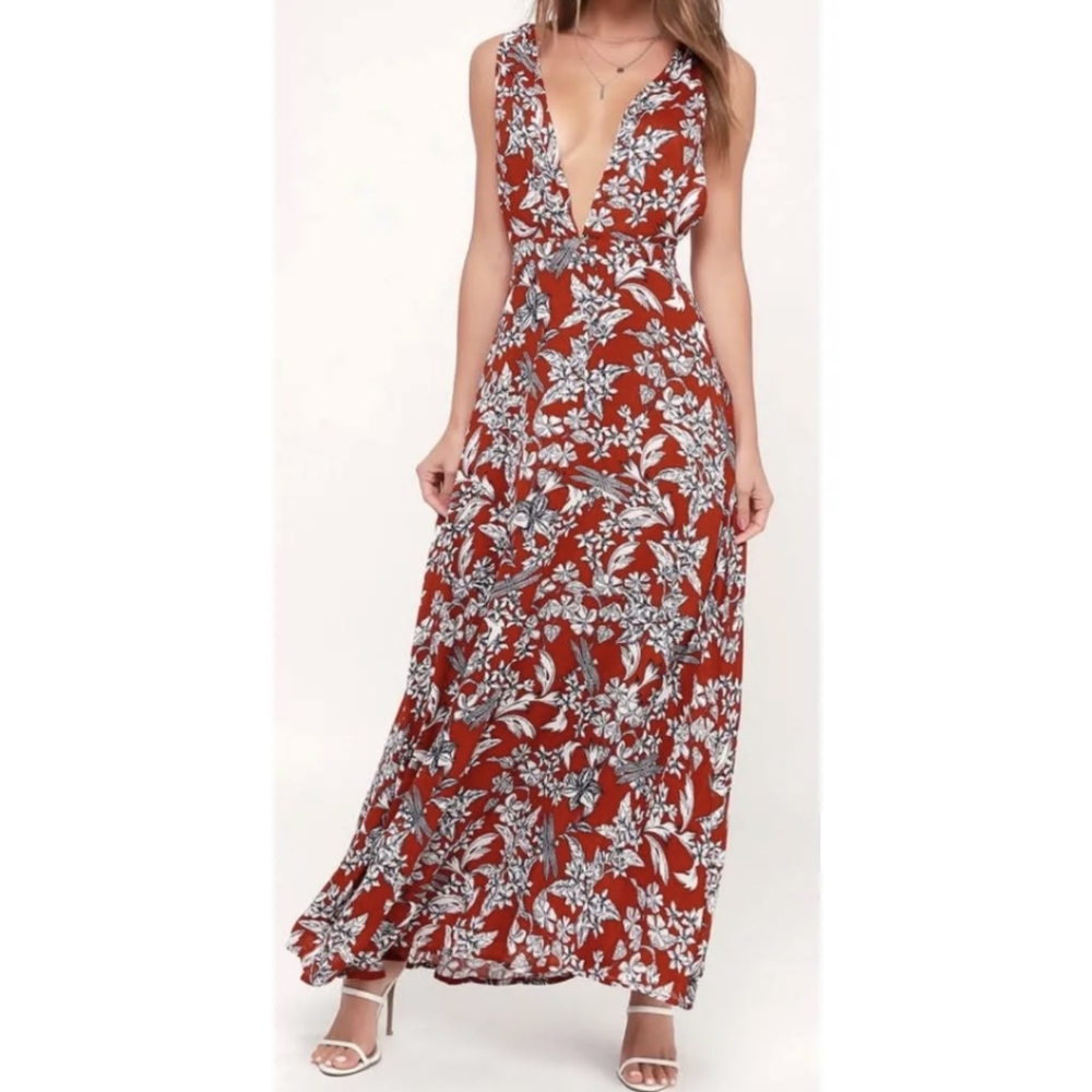 Lulu's More Flower to Ya burgundy plunge neck maxi dress